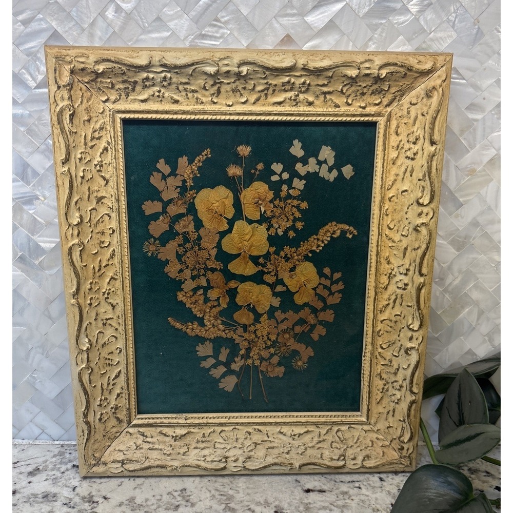 Vintage Framed Velvet Pressed Dried Flowers Wall Art Decor Original cottage Core